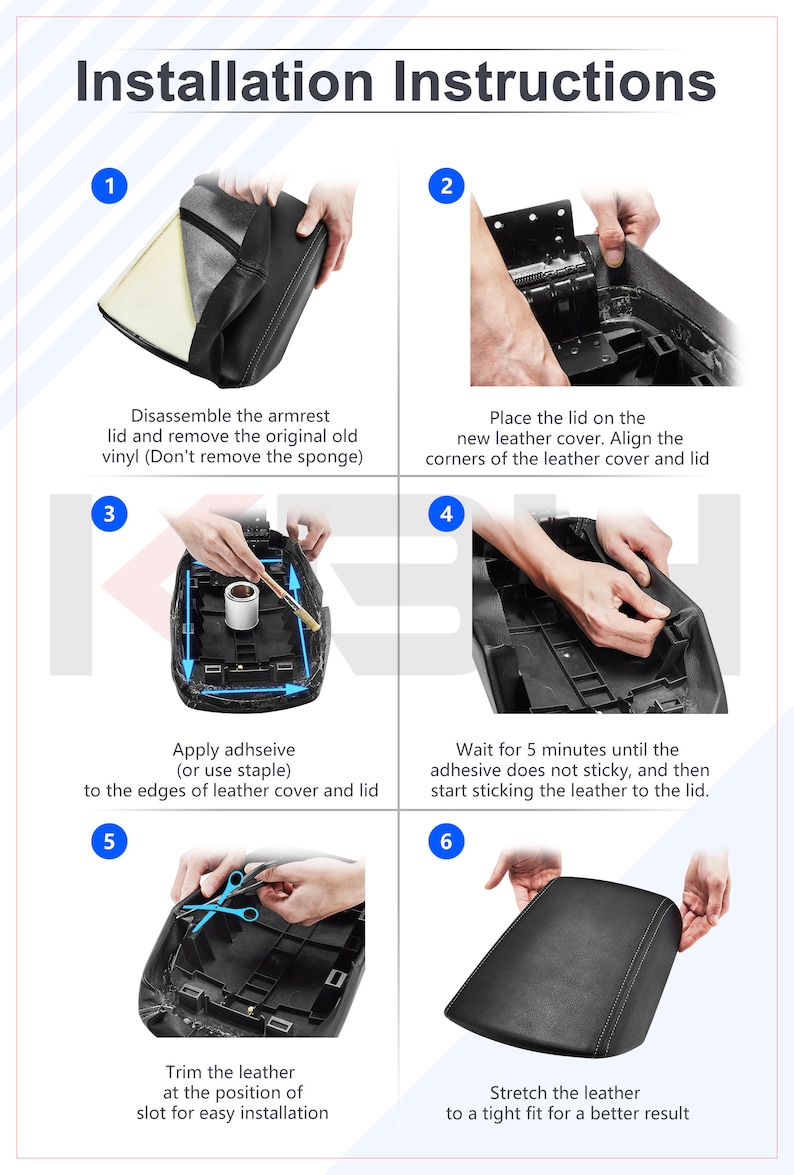 May include: Installation instructions for a black leather armrest cover. Steps include disassembling the armrest, applying adhesive, and trimming the leather for a tight fit. Text in white on a blue background.