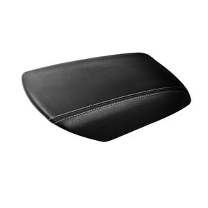 May include: Black, rectangular car armrest with white stitching. The armrest has a slightly curved top and is made of a smooth, leather-like material. The white stitching runs along the center of the armrest.