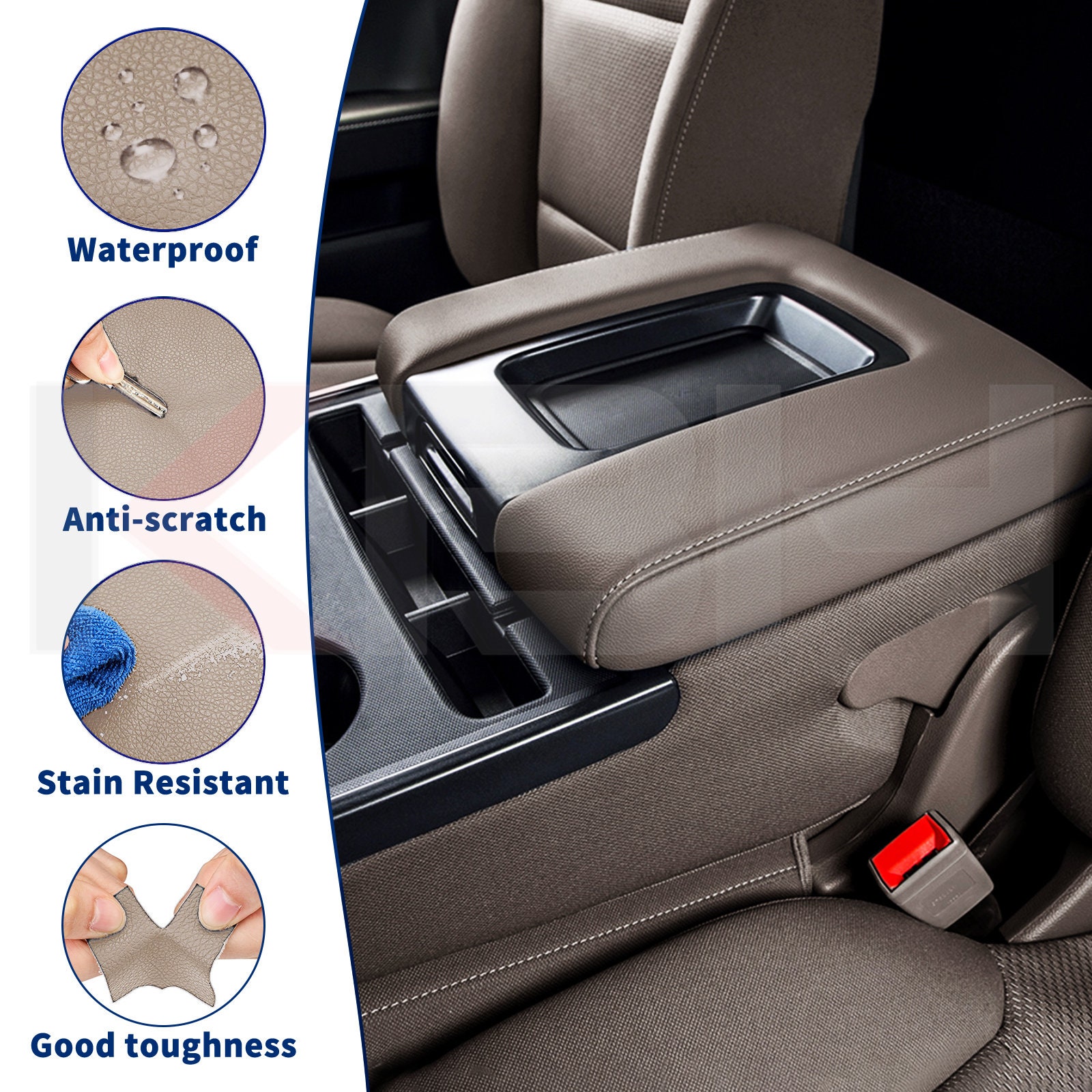 Center Console Armrest Cover For 2014-2018 Chevy Silverado & GMC Sierra 1500 - Dune Tan Vinyl, Lifetime Warranty