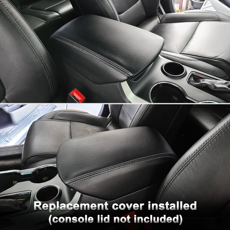 May include: Black leather replacement console lid cover installed in a car interior. The cover is stitched with a contrasting thread and fits over the existing console. Text on the image reads: "Replacement cover installed (console lid not included)".