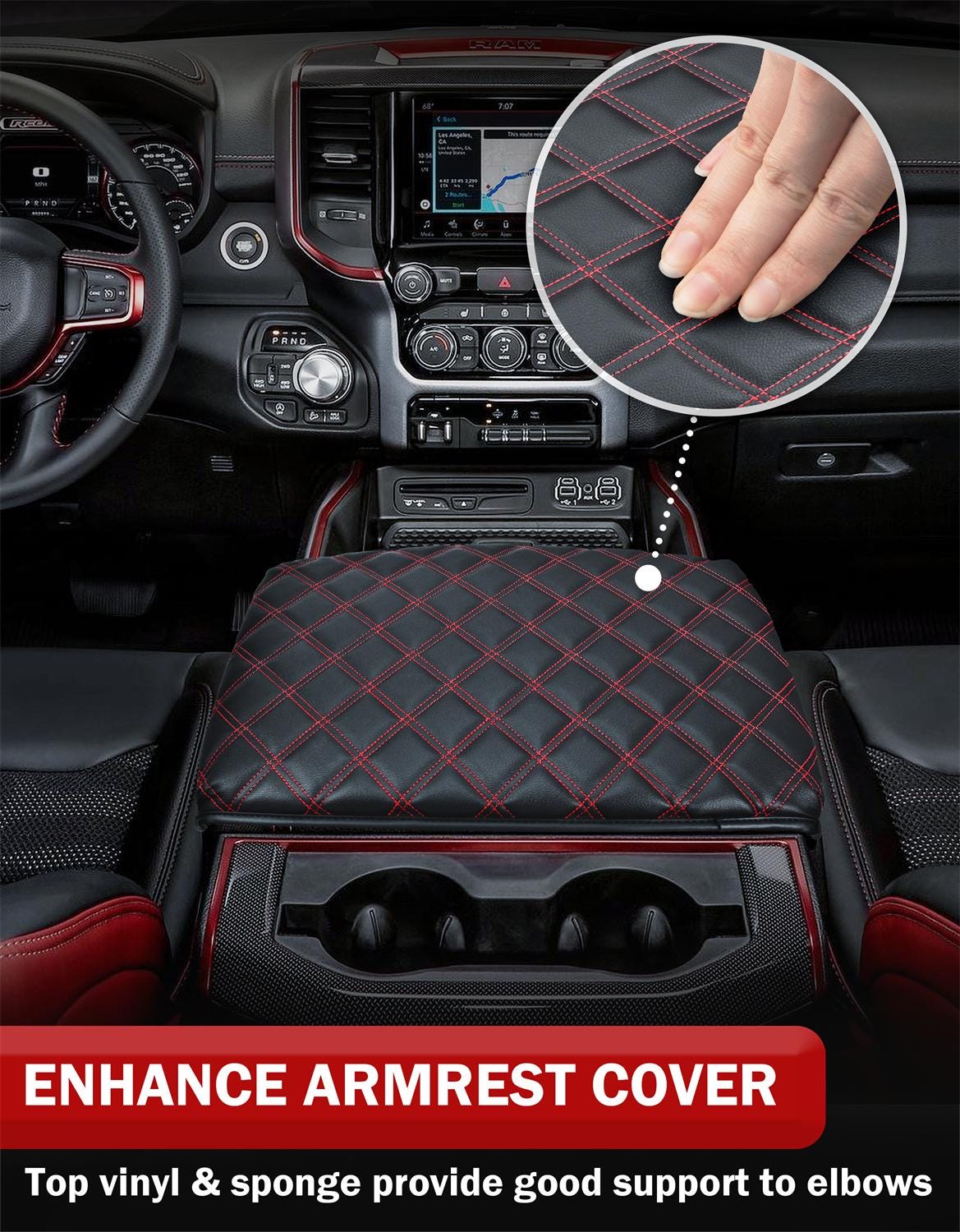 Armrest Cover Carbon Fiber Look For GMC – Center Console Pad, Red Stitching, Embroidery Car Armrest Pad Embroidery - Foto 6