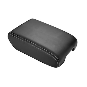 May include: Black leather car center console armrest cover with white stitching.