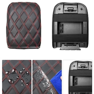 Peut inclure: Housse de repose-bras de si&egrave;ge de voiture en cuir noir avec surpiq&ucirc;res en losange rouge. La housse est imperm&eacute;able et r&eacute;sistante aux taches. Elle est dot&eacute;e de bandes &eacute;lastiques pour un ajustement s&ucirc;r.