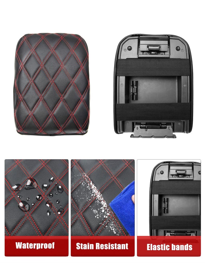 Peut inclure: Housse de repose-bras de si&egrave;ge de voiture en cuir noir avec surpiq&ucirc;res en losange rouge. La housse est imperm&eacute;able et r&eacute;sistante aux taches. Elle est dot&eacute;e de bandes &eacute;lastiques pour un ajustement s&ucirc;r.