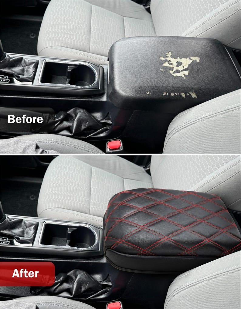 Peut inclure: Images avant et apr&egrave;s d'un accoudoir de console centrale de voiture. L'image avant montre un accoudoir en cuir noir us&eacute;. L'image apr&egrave;s montre un nouvel accoudoir en cuir noir avec des surpiq&ucirc;res en losange rouges.