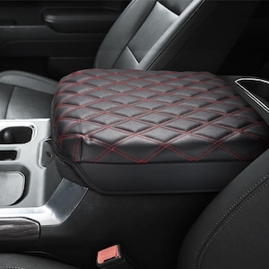 Fits 2019-2025 Chevy Silverado GMC Sierra Bucket Seat PU Leather Center Console Lid Armrest Cover Pad  Cushion Protector Red Stitch KBH