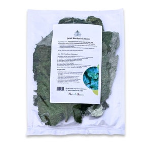 May include: A clear plastic bag containing dried burdock leaves. A white label with text details the benefits and use of the leaves, including instructions for burn ointment. The leaves are green and appear to be a natural product.