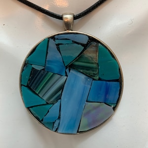 Mosaic pendant, stained glass pendant, spring, mosaic, necklace, jewelry, Handmade Mosaic pendant with cord, beautiful blues
