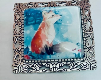 Gorgeous fox in the snow  ,25mm square image pin, fox pin, fox brooch, pin, brooch, fox