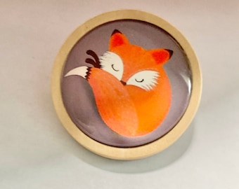 Sleeping Fox Brooch: Natural Wood Tray, Purple Accent