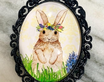 Easter Bunny Brooch: Floral Crown Rabbit Pin (30x40mm)
