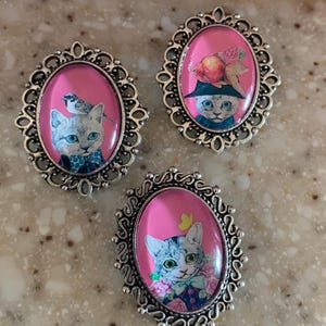 Set of 3 mini cats in shirts with flowers and fish and bird pins, cat with pink background pin, silver cat pin, white cat pin