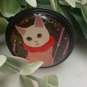 Hip, Mode-Katze, Katze mit coolen Kleidern, 30 mm rundes Bild Pin, Katzenpin, Katzenbrosche, weiße Katze mit Pin