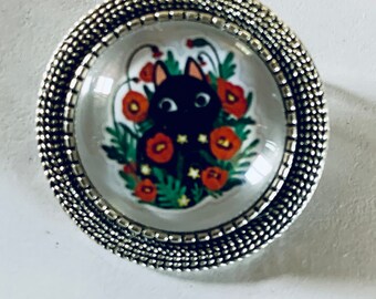 Black cat in flowers brooch , cat jewelry, flowers and  cat ,cat brooch, kitty pin, cat lovers jewelry, colorful cat pin