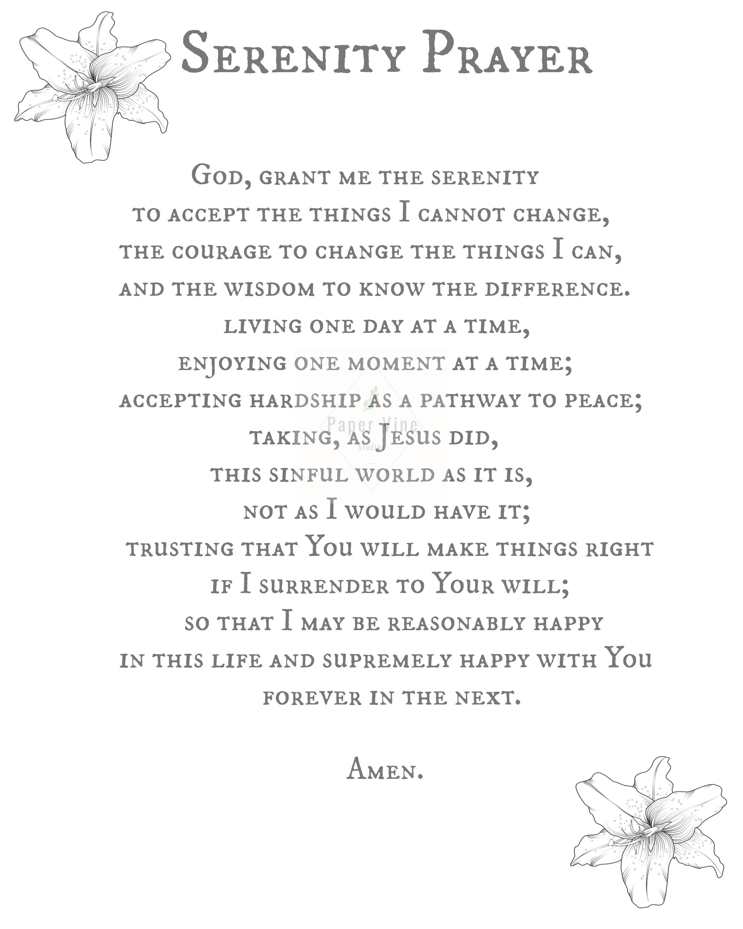 Serenity Prayer Long Version, Typography Print, 8x10 Printable ...