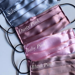 Super soft silky satin face masks made in the UK Washable and reusable. Comfortable fit with a very stylish look. Baby Pink