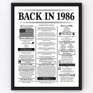 1986 40th Birthday Poster Editable - Back in 1986 - Fun Facts 1986 - Trivia - Birthday Sign 1986 - Born in 1986 - Gift Him Her - Personalize