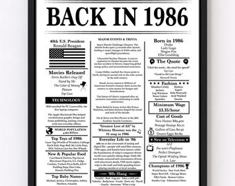 Poster modificabile per il 40° compleanno del 1986 - Ritorno al 1986 - Curiosità del 1986 - Curiosità - Cartello di compleanno 1986 - Nato nel 1986 - Regalo per lui o per lei - Personalizza
