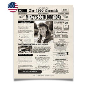 以下が含まれることがあります： 1996年の「マイキーの30歳の誕生日」を祝うヴィンテージスタイルの新聞プリント。若い男性の写真、見出し、その年のエンターテインメント、スポーツ、経済に関する記事が含まれています。アメリカ国旗は左上にあります。