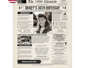 Giornale personalizzato per il 30° compleanno del 1996 - Nel 1996 - Curiosità del 1996 - Curiosità - Cartello di compleanno 1996 - Nato nel 1996 - Poster - Regalo