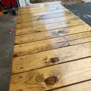 Pu&ograve; includere: Primo piano di un piano da tavolo in legno con finitura naturale. Il piano del tavolo &egrave; composto da diverse assi di legno unite tra loro. Il legno ha una tonalit&agrave; calda color miele ed &egrave; rivestito da un sigillante trasparente. Il piano del tavolo &egrave; liscio e lucido, e la venatura del legno &egrave; visibile.