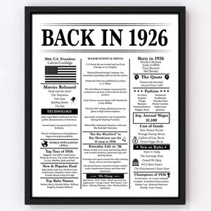 Puede incluir: Impresión enmarcada titulada "BACK IN 1926" con datos históricos. Incluye información sobre el presidente de EE. UU., películas, tecnología, población mundial, juguetes, comida, nombres de bebés, eventos, jerga, moda y programas de radio.