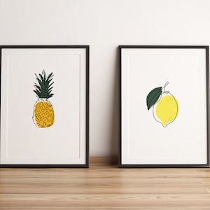 Simple Kitchen Art Printable, Set of TWO Prints, Abstract Fruit Posters, Lemon Pineapple Wall Décor, PINEAPPLE Print, LEMON print