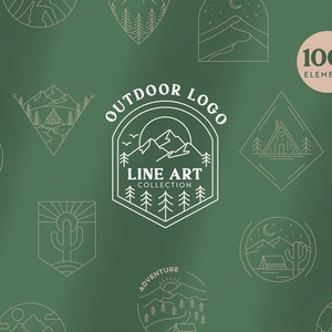 Outdoor Line Art Graphic Set - Adventure Logo Templates & Minimalist Line Elements | Mountains, Camping, Surf, Road Trips, Desert, and more!