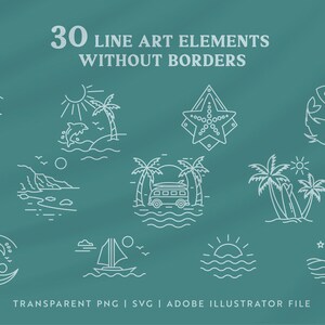 K&ouml;nnte beinhalten: Ein Set mit 30 Line-Art-Elementen mit Strand- und Meeresmotiven. Die Illustrationen beinhalten einen Seestern, Palmen, einen Van, ein Surfbrett, ein Seepferdchen, einen Delfin, eine Welle, ein Segelboot und einen Fisch. Die Illustrationen sind in Wei&szlig; auf einem blaugr&uuml;nen Hintergrund. Der Text "30 LINE ART ELEMENTS WITHOUT BORDERS" befindet sich oben im Bild. Der Text "TRANSPARENT PNG | SVG | ADOBE ILLUSTRATOR FILE" befindet sich unten im Bild.