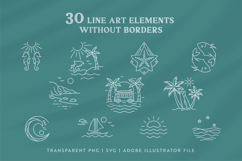 K&ouml;nnte beinhalten: Ein Set mit 30 Line-Art-Elementen mit Strand- und Meeresmotiven. Die Illustrationen beinhalten einen Seestern, Palmen, einen Van, ein Surfbrett, ein Seepferdchen, einen Delfin, eine Welle, ein Segelboot und einen Fisch. Die Illustrationen sind in Wei&szlig; auf einem blaugr&uuml;nen Hintergrund. Der Text "30 LINE ART ELEMENTS WITHOUT BORDERS" befindet sich oben im Bild. Der Text "TRANSPARENT PNG | SVG | ADOBE ILLUSTRATOR FILE" befindet sich unten im Bild.