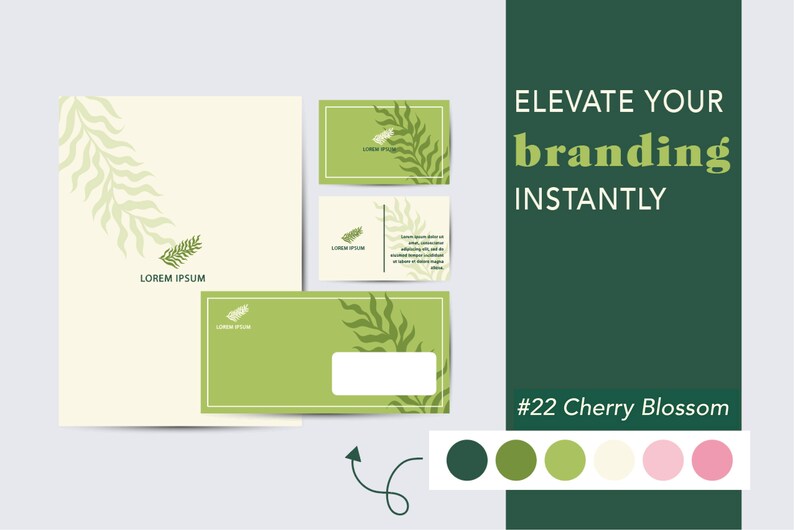 Op de afbeelding: Een branding mockup met een groen bladerenontwerp. De mockup bevat een briefhoofd, een visitekaartje en een envelop. Het kleurenpalet omvat tinten groen, wit en roze. De tekst "Elevate Your Branding Instantly" en "#22 Cherry Blossom" zijn opgenomen in de afbeelding.