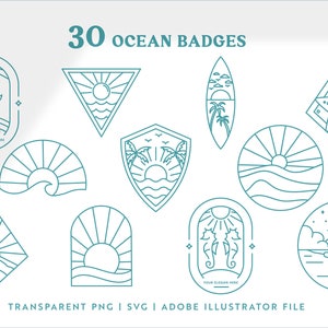K&ouml;nnte beinhalten: Ein Set mit 30 maritimen Abzeichen im Line-Art-Stil. Die Abzeichen zeigen verschiedene maritime Motive, darunter Palmen, Wellen, Muscheln und ein Surfbrett. Die Abzeichen sind in blaugr&uuml;n umrandet und vor einem wei&szlig;en Hintergrund platziert. Der Text "30 OCEAN BADGES" befindet sich oben im Bild. Der Text "TRANSPARENT PNG | SVG | ADOBE ILLUSTRATOR FILE" befindet sich unten im Bild.