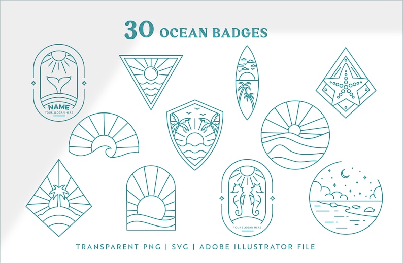 K&ouml;nnte beinhalten: Ein Set mit 30 maritimen Abzeichen im Line-Art-Stil. Die Abzeichen zeigen verschiedene maritime Motive, darunter Palmen, Wellen, Muscheln und ein Surfbrett. Die Abzeichen sind in blaugr&uuml;n umrandet und vor einem wei&szlig;en Hintergrund platziert. Der Text "30 OCEAN BADGES" befindet sich oben im Bild. Der Text "TRANSPARENT PNG | SVG | ADOBE ILLUSTRATOR FILE" befindet sich unten im Bild.