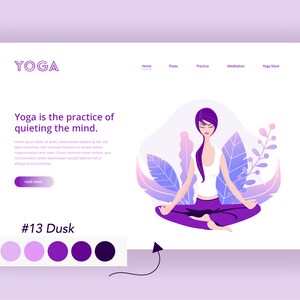 Op de afbeelding: Een website-landingspagina voor een yogastudio met een paars en wit kleurenschema. De pagina toont een vrouw die mediteert in een yogapose met een paarse achtergrond en bladeren. De tekst op de pagina luidt "Yoga is de praktijk van het tot rust brengen van de geest." en "#13 Dusk".