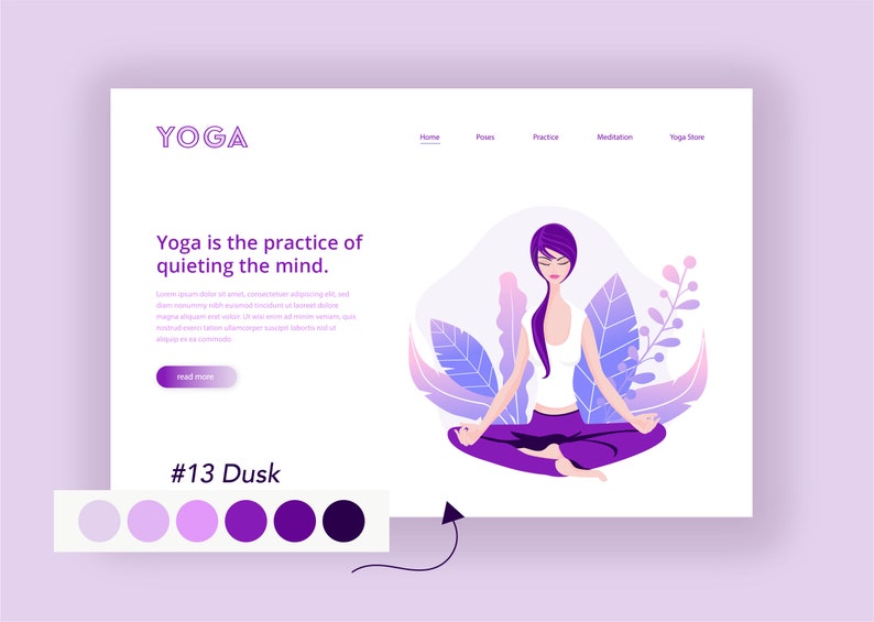 Op de afbeelding: Een website-landingspagina voor een yogastudio met een paars en wit kleurenschema. De pagina toont een vrouw die mediteert in een yogapose met een paarse achtergrond en bladeren. De tekst op de pagina luidt "Yoga is de praktijk van het tot rust brengen van de geest." en "#13 Dusk".