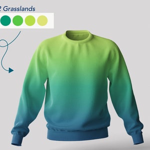 Op de afbeelding: Een groen en blauw ombre sweatshirt. Het sweatshirt is een ronde hals met lange mouwen. De kleurverloop gaat van een lichtgroen aan de bovenkant naar een donkerblauw aan de onderkant.