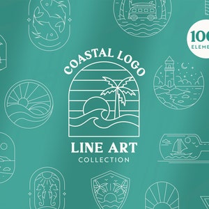May include: A collection of 100+ coastal logo line art elements. The image features a variety of designs, including palm trees, seashells, lighthouses, and boats. The text "COASTAL LOGO LINE ART COLLECTION" is displayed in the center of the image.
