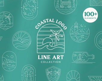 Coastal Line Art Badge and Logo Bundle - Set of 30 Adventure Designs, 100+ Elements - Instant Download, High-Resolution PNG, SVG, AI Formats