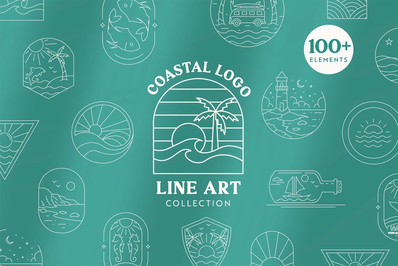 May include: A collection of 100+ coastal logo line art elements. The image features a variety of designs, including palm trees, seashells, lighthouses, and boats. The text "COASTAL LOGO LINE ART COLLECTION" is displayed in the center of the image.