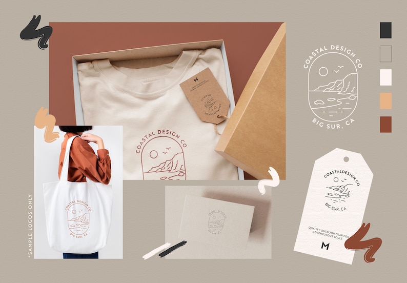 May include: A set of branding elements for a company called "Coastal Design Co." The logo features a line drawing of a coastal scene with a sun, cliffs, and ocean waves. The text "Big Sur, CA" is below the logo. The branding elements are displayed on a tote bag, t-shirt, and hang tag.