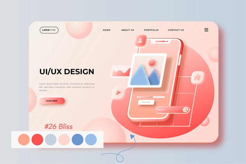 Op de afbeelding: Een website-ontwerpmockup met een roze en witte kleurstelling. De website bevat een 3D-illustratie van een smartphone met een foto van een bergketen op het scherm. De tekst "UI/UX DESIGN" wordt op de website weergegeven.