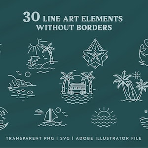 May include: A set of 30 line art elements featuring beach and ocean themes. The illustrations are in white on a teal background. The illustrations include a seahorse, a starfish, a palm tree, a sun, a wave, a fish, a sailboat, and a surfboard.