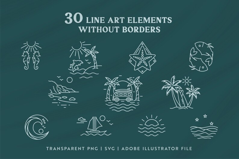 May include: A set of 30 line art elements featuring beach and ocean themes. The illustrations are in white on a teal background. The illustrations include a seahorse, a starfish, a palm tree, a sun, a wave, a fish, a sailboat, and a surfboard.