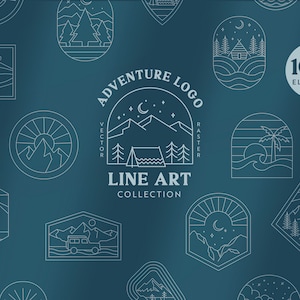 Adventure Line Art Graphic Set - Outdoor Logo Templates & Minimalist Line Elements | Mountains, Camping, Surf, Road Trips, Sunset, and more!