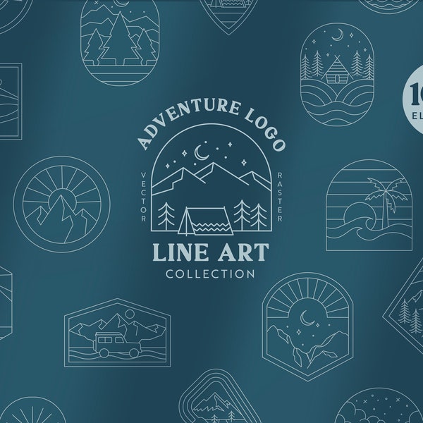 Ensemble graphique Adventure Line Art - Modèles de logos extérieurs et éléments de ligne minimalistes | Montagnes, camping, surf, road trips, coucher de soleil et plus encore !