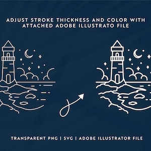 May include: A line art illustration of a lighthouse on a rocky shore with a crescent moon and stars in the sky. The illustration is in white on a dark blue background.  The text "ADJUST STROKE THICKNESS AND COLOR WITH ATTACHED ADOBE ILLUSTRATO FILE" is at the top of the image. The text "TRANSPARENT PNG | SVG | ADOBE ILLUSTRATOR FILE" is at the bottom of the image.