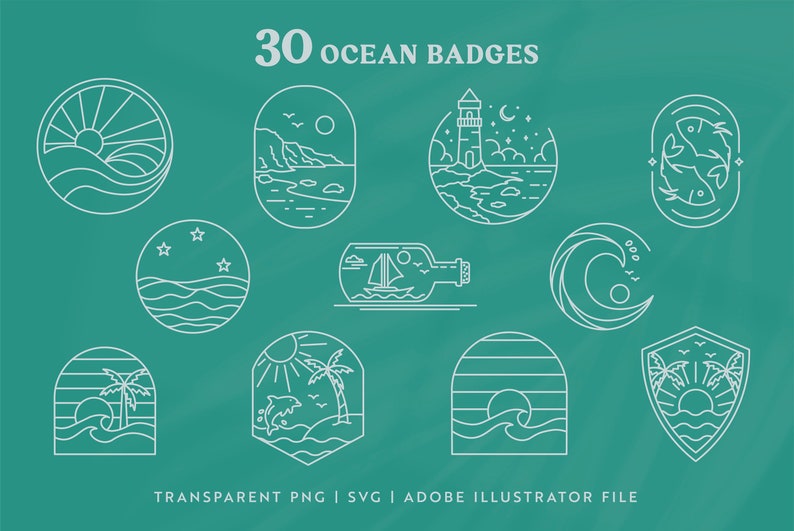 May include: A set of 30 ocean-themed badges in a line art style. The badges feature various ocean-related imagery, including a lighthouse, a sailboat, a bottle with a message, a fish, a palm tree, and a sun. The text "30 OCEAN BADGES" is at the top of the image. The text "TRANSPARENT PNG | SVG | ADOBE ILLUSTRATOR FILE" is at the bottom of the image.