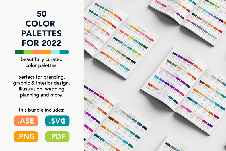 Op de afbeelding: Een verzameling van 50 kleurenpaletten voor 2022, prachtig samengesteld voor branding, grafisch en interieurontwerp, illustratie, bruiloftplanning en meer. Deze bundel bevat .ASE, .SVG, .PNG en .PDF-bestanden.