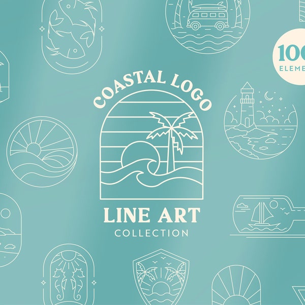 Coastal Line Art Badge and Logo Bundle - Set of 30 Adventure Designs, 100+ Elements - Instant Download, High-Resolution PNG, SVG, AI Formats