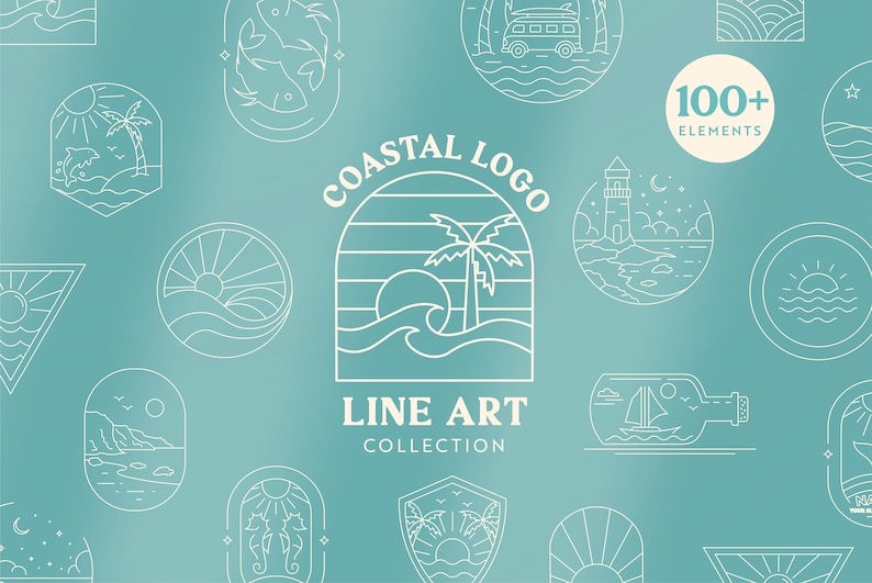K&ouml;nnte beinhalten: Eine Sammlung von &uuml;ber 100 K&uuml;sten-Logo-Linienkunst-Elementen. Das Bild zeigt eine Vielzahl von Designs, darunter Palmen, Wellen, Leuchtt&uuml;rme, Muscheln und Boote. Der Text "Coastal Logo Line Art Collection" wird in der Mitte des Bildes angezeigt.